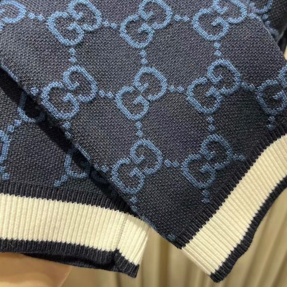 Gucci GG Logo Monogram Striped Jacquard Knit Cotton Cardigan in Navy size Large - Picture 8 of 8